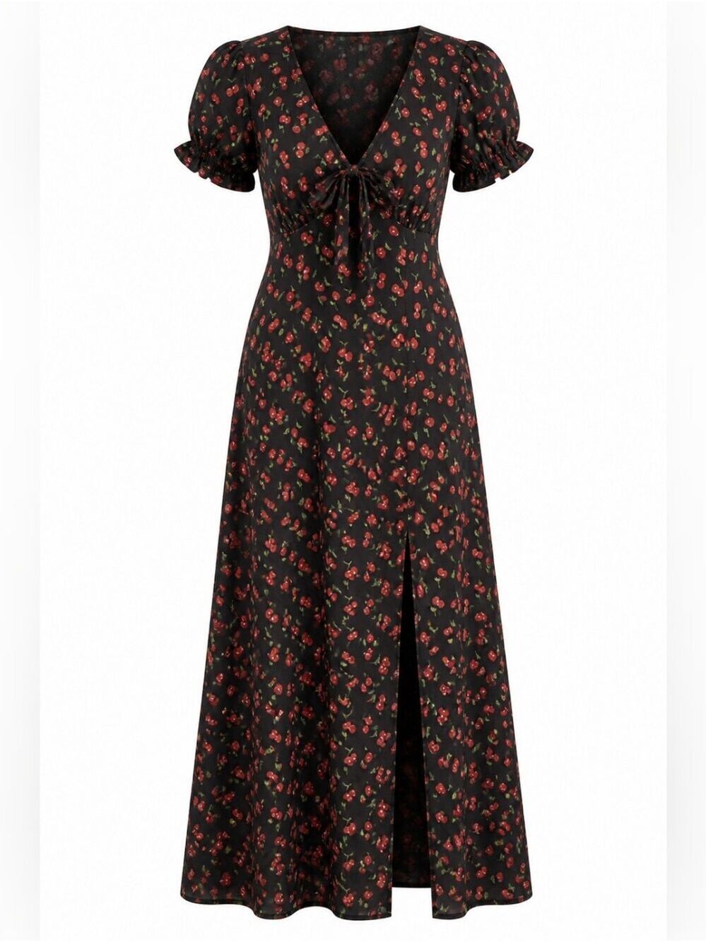 Inspired Hearts Maxi Dress Black Red Cherry Print Med Babydoll Top Retro Style